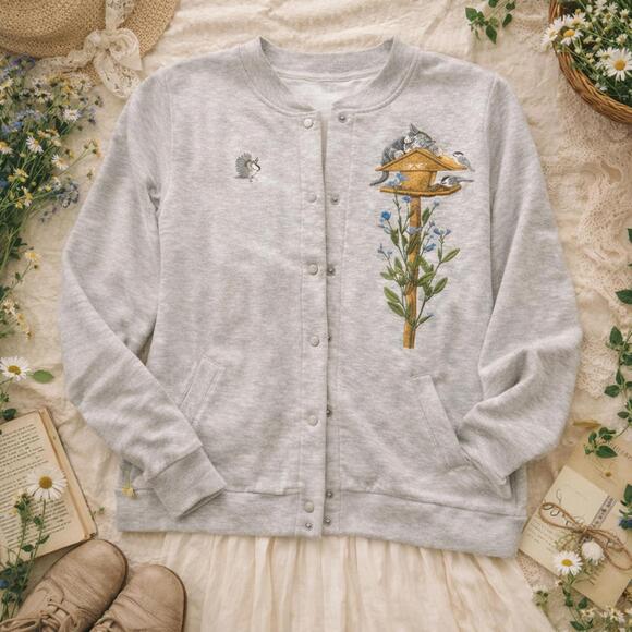 Vintage Cottagecore Birdhouse Embroidered Snap Cardigan Gray Large - Picture 2 of 7